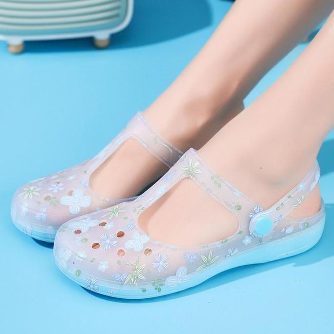 Terpopuler- Veblen Official Sendal Sepatu Motif Bunga Bahan Jelly Bening Transparan Coklat Karet Pin