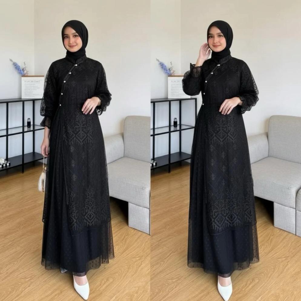 Unik Nazeeya.Co - Mahira Dress Pesta Brukat Mix Tille Baju Kondangan Wanita Simple Elegan Gamis Leba