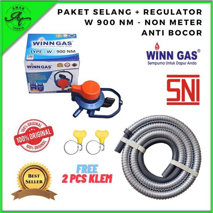 REGULATOR  LPG WINN GAS TIPE W 900 NM ANTI BOCOR TEKANAN RENDAH + SELANG 2 / 3 LAPIS  600 PSI FREE K
