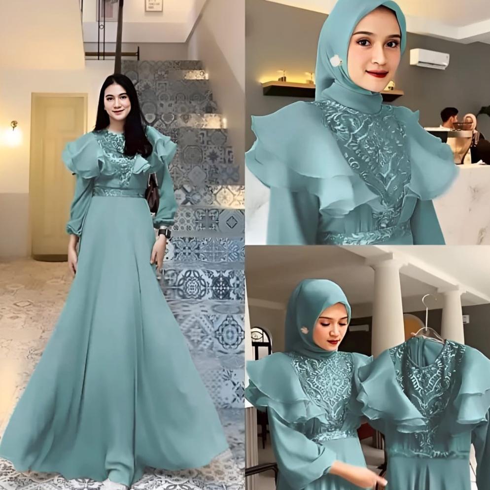 R.A - Meghan Dress Gamis Brukat Organza Mewah Gaun Pesta Maxi Muslim Wanita Premium