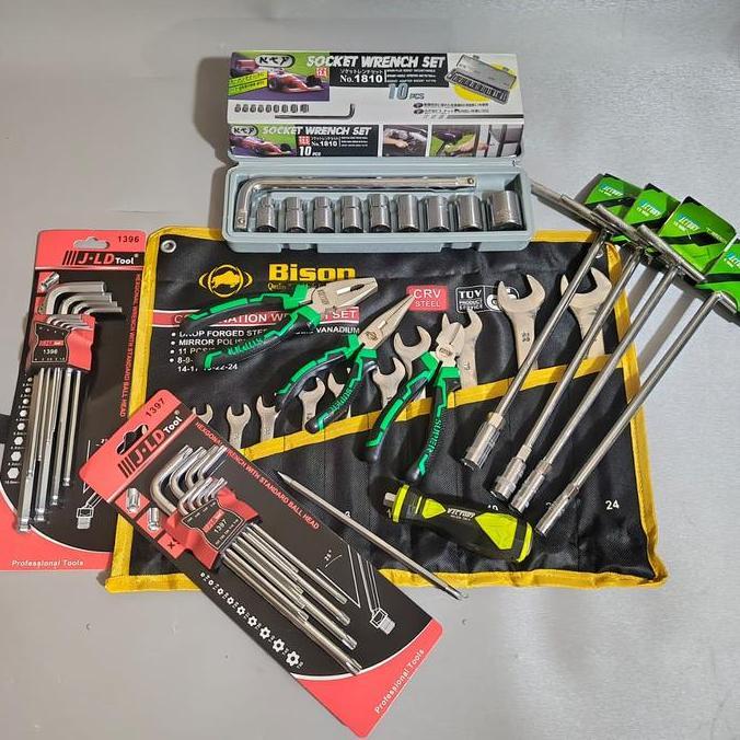 TEKIRO Paket Kunci Bengkel 13 Item Full Set Termasuk Kunci Sok 10PCS 8-24MM, Ring Pas 11PCS 8-24MM, 