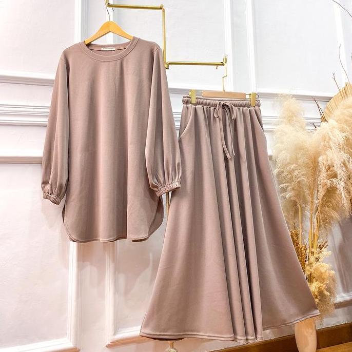 JV Hasanah Oneset Baju Kurung Oval Waffle Knit - Setelan Rok dan Celana Baju Kurung Waffle Knit Prem