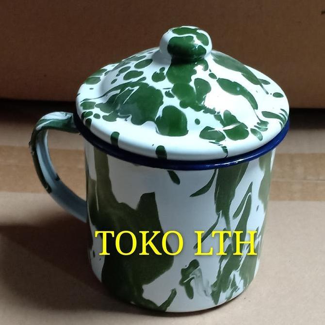 MUG 12 CM LURIK BLIRIK BLURIK CANGKIR TUTUP ENAMEL GELAS KALENG JADUL