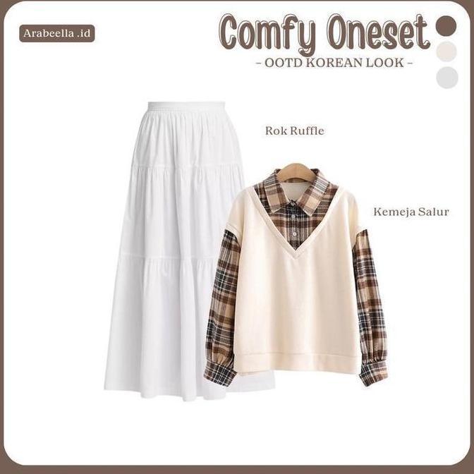 Outfitset OOTD - Setelan Wanita Comfy / Rok Ruffle Panjang  / Atasan Kemeja Flanel  Kombinasi / Bell