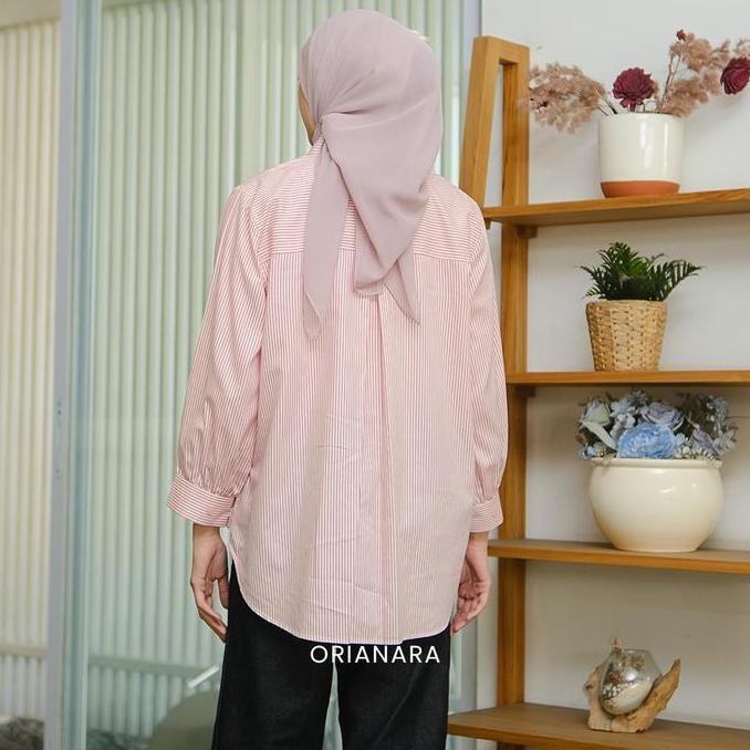 Orianara Kemeja Kasual Oversized Wanita Atasan Tunik Wanita Salur Panjang Bordir Stripe Katun Simple