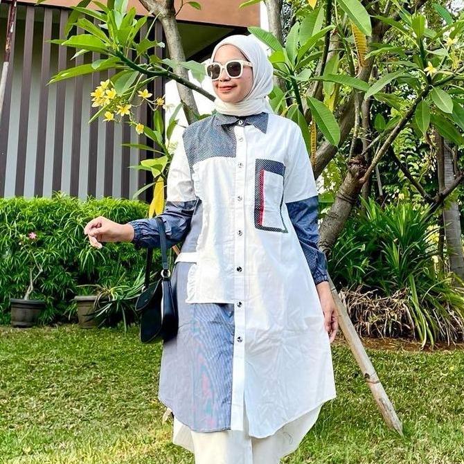 Tunik Katun Bordir Wanita Muslim Formal Hitam Kombinasi Nyaman Lembut Panjang Atasan
