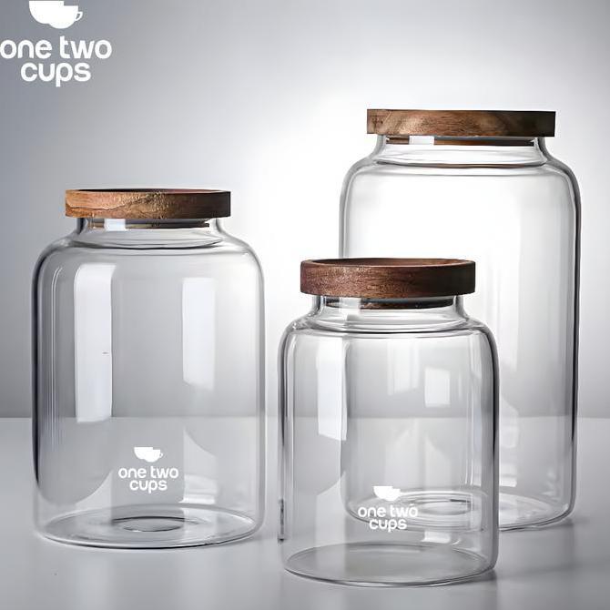 One Two Cups Toples Kaca Jar Penyimpanan Makanan Kue Biji Kopi Tutup Kayu Kedap Udara Ukuran Besar -