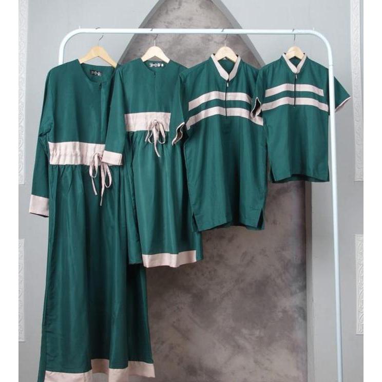Baju Couple Keluarga Muslim - Hijau Botol - Koko Couple Gamis Couple Hijau Botol Sarimbit Lebaran Ba