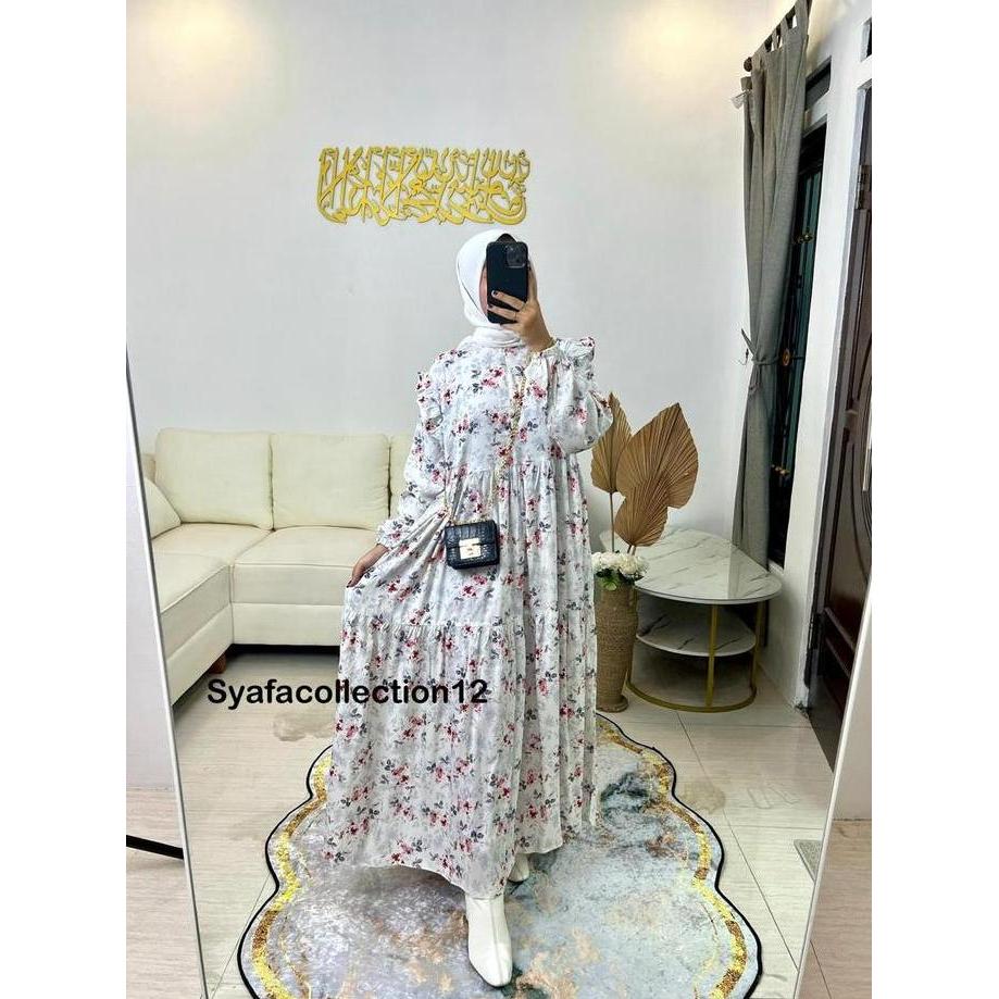 Syafacollection Daisy Midi Dress Rayon Premium Bunga Lengan Karet Busui