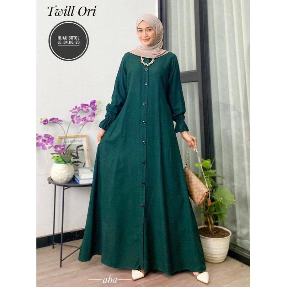 gamis polos twil ori dress panjang busui tali samping Muslim Twill Kancing Cantik Karet Wudhu Kain L