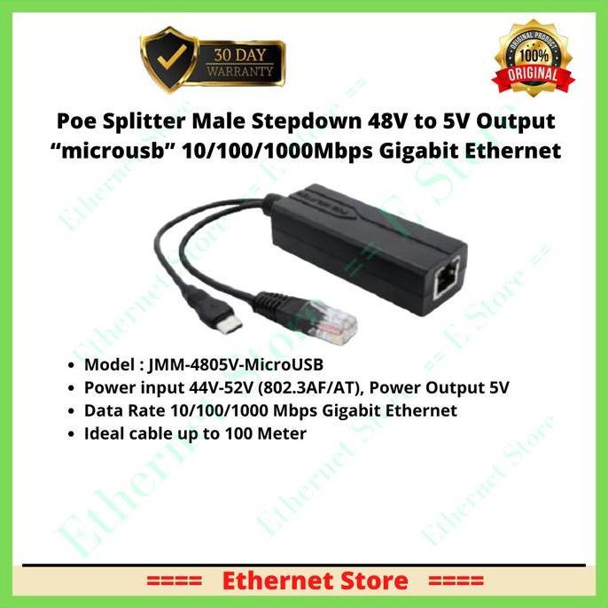 DV98 >> PoE Splitter Gigabit 802.3af/at 48V to 5V Stepdown Output MicroUSB
