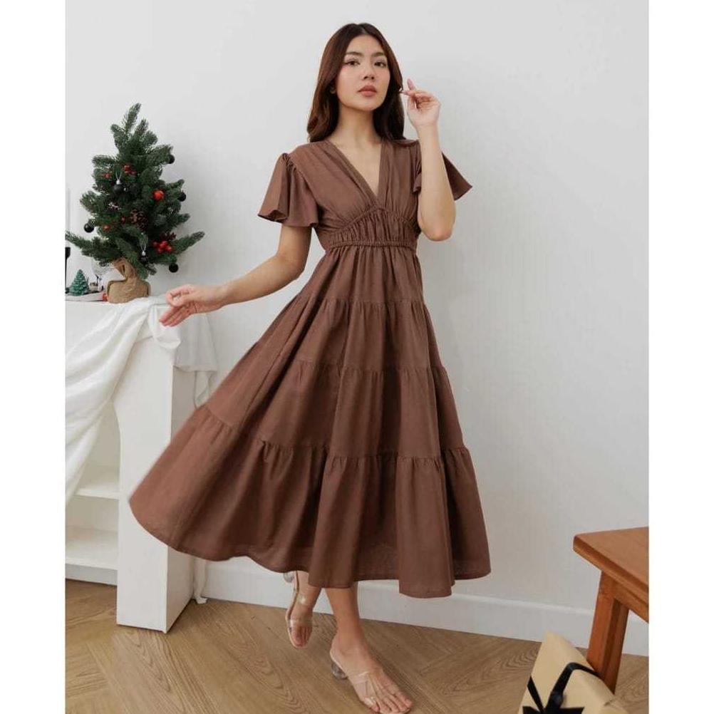 sale MEGAN midi dress wanita rok susun leher v tangan pendek korean style bahan rayon twill