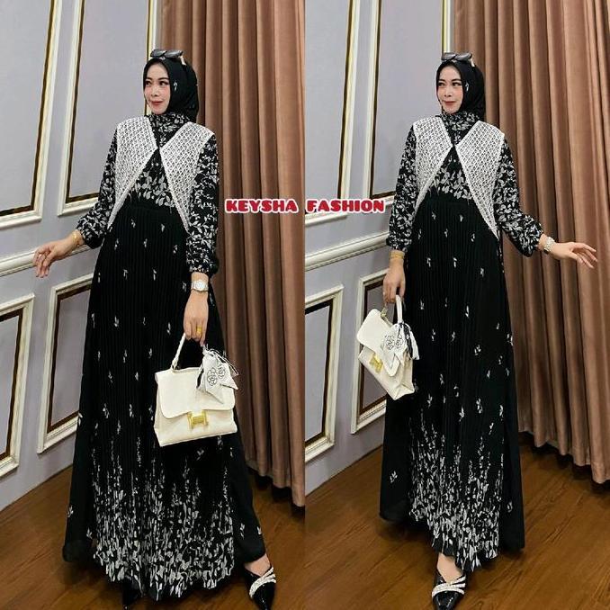 Gamis Motif Plisket Ceruty Babydoll Premium Rompi Renda Tile Plus Hijab