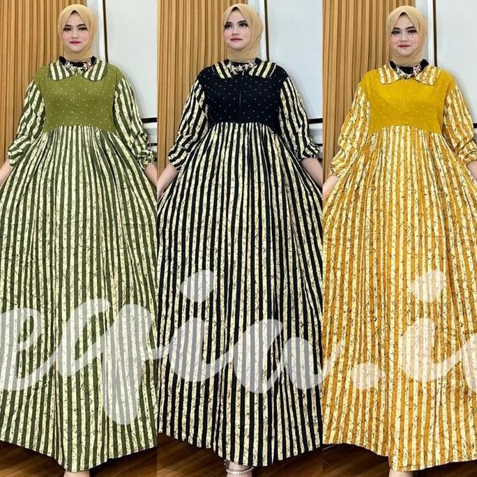 Gamis shaqila salur motif | gamis kombinasi viral cantik kekinian | gamis Lebaran terbaru jumbo