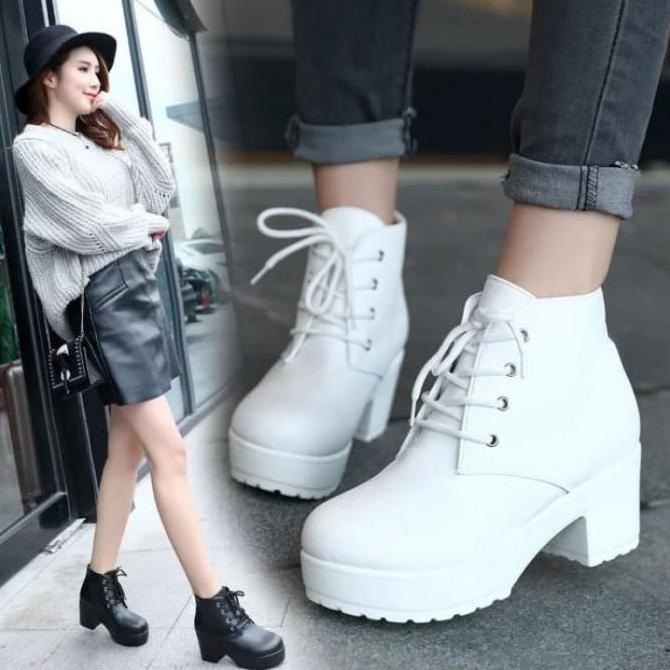 Terbaru Mivelshoes Sepatu Sneakers Boots Heels Wanita Putih Hitam Hak 5Cm La02 Fashion Korea Pesta F