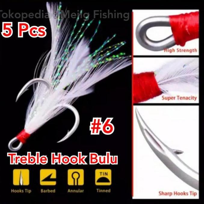 Treble Hook Bulu No.6 untuk Metal Jig Spoon Minnow Lure Pancing