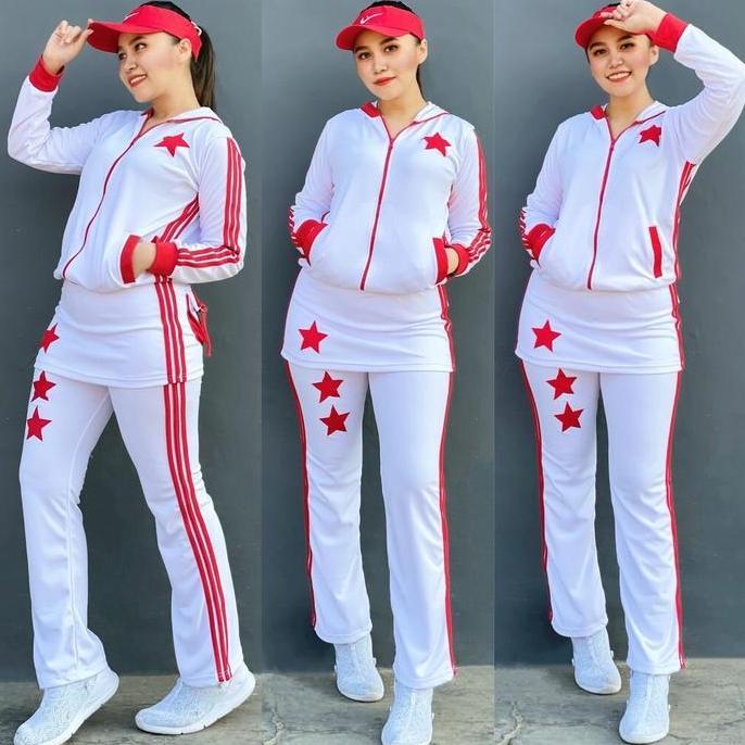 Baju Senam Aerobik Setelan Lapangan Zumba Olahraga Panjang Muslimah Hijab Cycling Rok Putih Merah Se