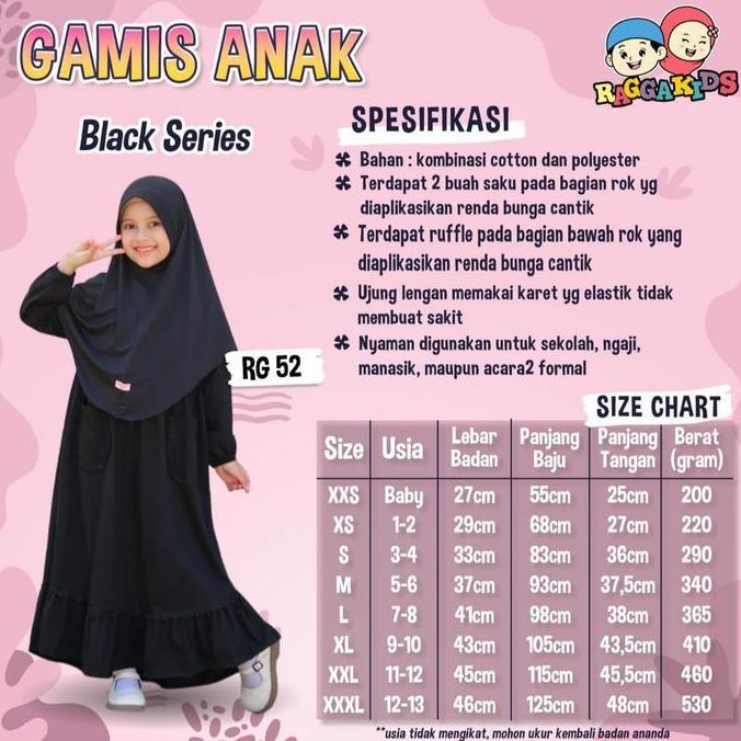Raggakids Gamis Hitam Polos Bahan Kaos Rg 52 V2 usia 4-13 tahun TI