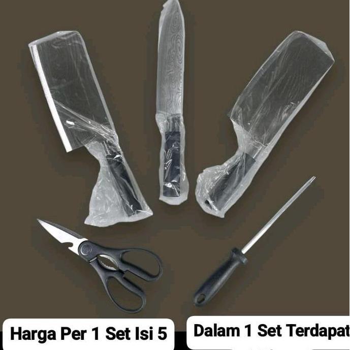 Set Pisau Peralatan Potong Dapur Damascus Pattern / Bahan Stainless Steel / Harga Per 1 Set Isi 5Pcs