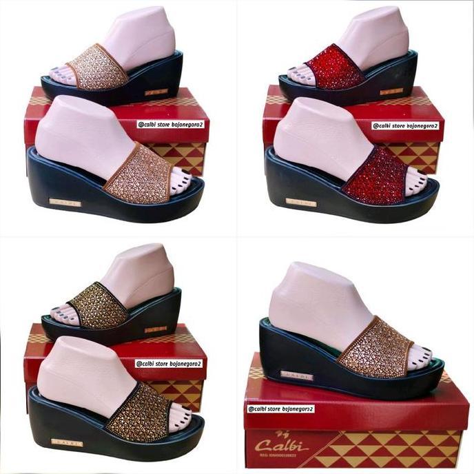 [CUCI GUDANG] / (( ORIGINAL & TERBARU )) Sandal Calbi Model Selop Permata Cantik & Mewah Hak 7 cm Wa