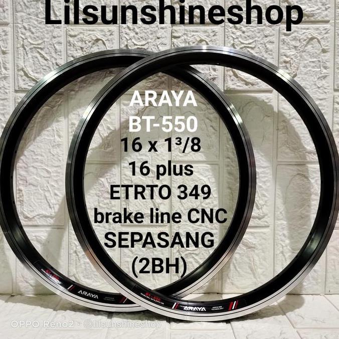 Rims Velg 16 Plus 16x1 3/8 ARAYA BT550 Lubang 28H ETRTO 349 Double Wall Brake Line Black CNC Sepeda 