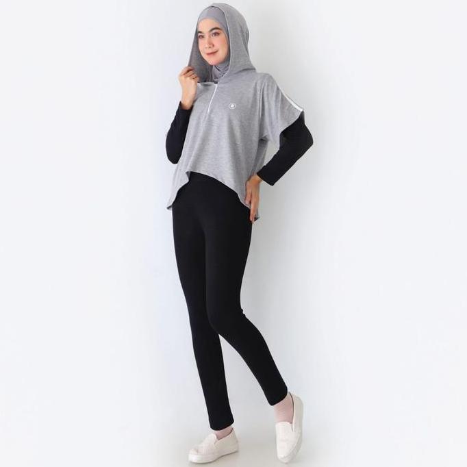 Asymmetric Hoodie Olahraga Wanita Muslim Jumper Lari Bersepeda Celana Hitam