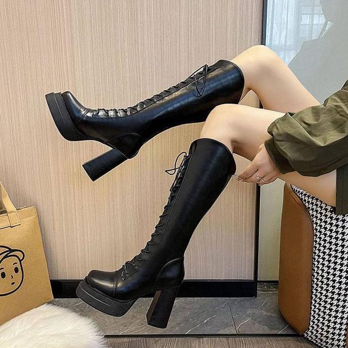 [PINKEY] Sepatu Boots Panjang Wanita Boots Winter Overknee Pu Leather Shoes Heels P390 terlaris