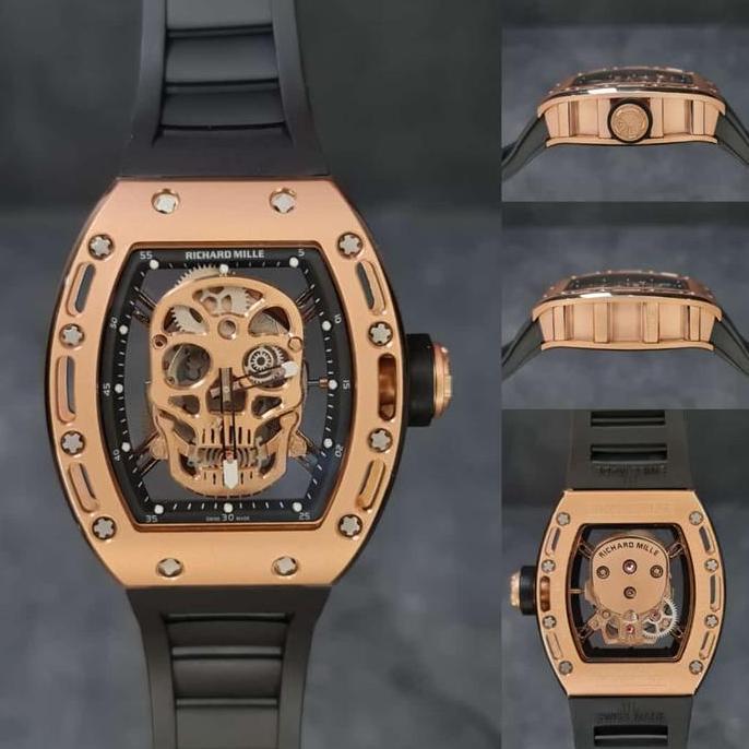 Jam tangan Automatic RM 052 Skull Skeleton Rubber Stainless steel terlaris