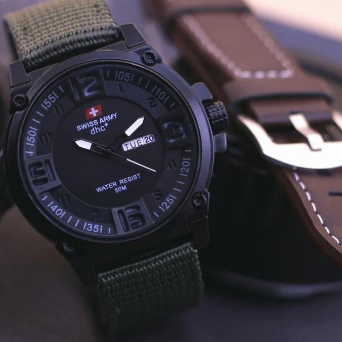 JAM TANGAN swiss army/PRIA TALI CANVAS -TANGGAL DAN HARI AKTIF - BONUS TALI KULIT CADANGAN LENGKAP D