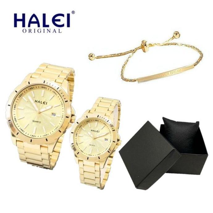 PROMO JAM UNISEX (34MM DAN 43MM) HALEI ANTI AIR ORIGINAL BONUS GELANG TITANIUM ( DSH-022 ) Elegan St