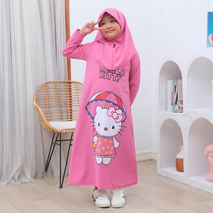 Kirimya- Kitin - Gamis Anak Set Hijab 2-9 Tahun Motif Hello Kitty Bahan Rayon Licin Tunik Jilbab Leb