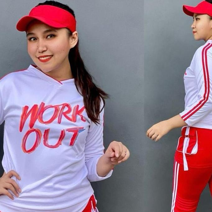 SETELAN WORKOUT olahraga merah putih Baju senam rok setelan Baju zumba aerobic gym seragam olahraga 