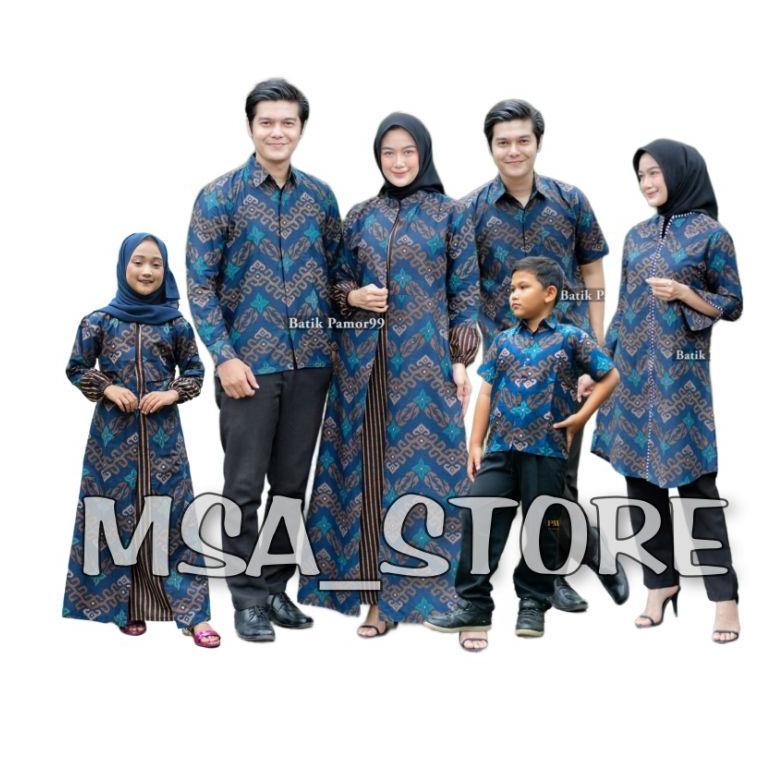 Batik Couple Keluarga Modern Set Sarimbit Gamis Keluarga Kemeja dan Hem motif songket navy
