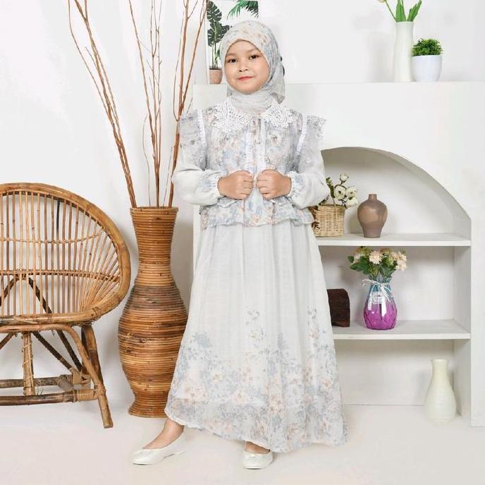 SinarbaruKids Gamis Anak Perempuan Raena Ceruty Motif Bunga + Rompi Tile Free Jilbab Segi Empat 3 - 