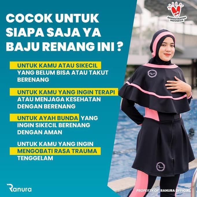 Baju Renang Pelampung Wanita Muslimah Ranura Proswim Hijab Dewasa Panjang Syari Black Pink Busa Zipp