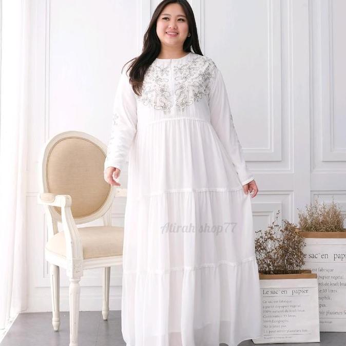 gamis putih jumbo wanita Ld125cm bordir