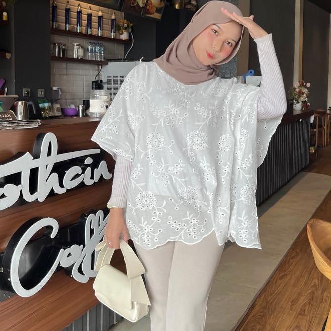 Raia Kaftan Outer Bordir - Kaftan Lebaran - Outer Kaftan-baju bordir wanita Katun Muslim Putih
