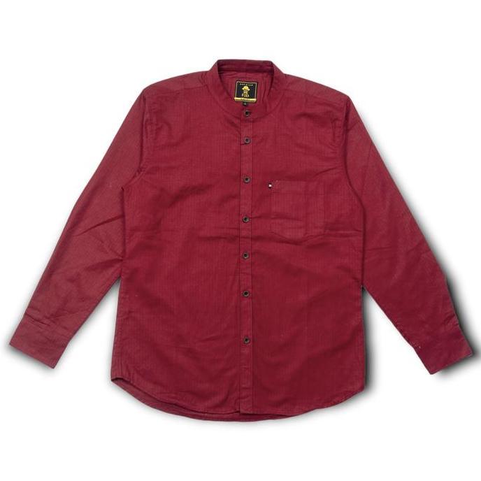 Baju Kemeja Shanghai Muslim Casual Pria Dewasa Lengan Panjang Merah Maroon Polos Kerah Koko Slimfit 