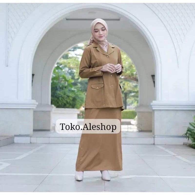 Baju Stelan Kerja Dinas Pns / Seragam Kerja Pemda Khaki Model Semi Jas, Model Blazer, Model Tunik