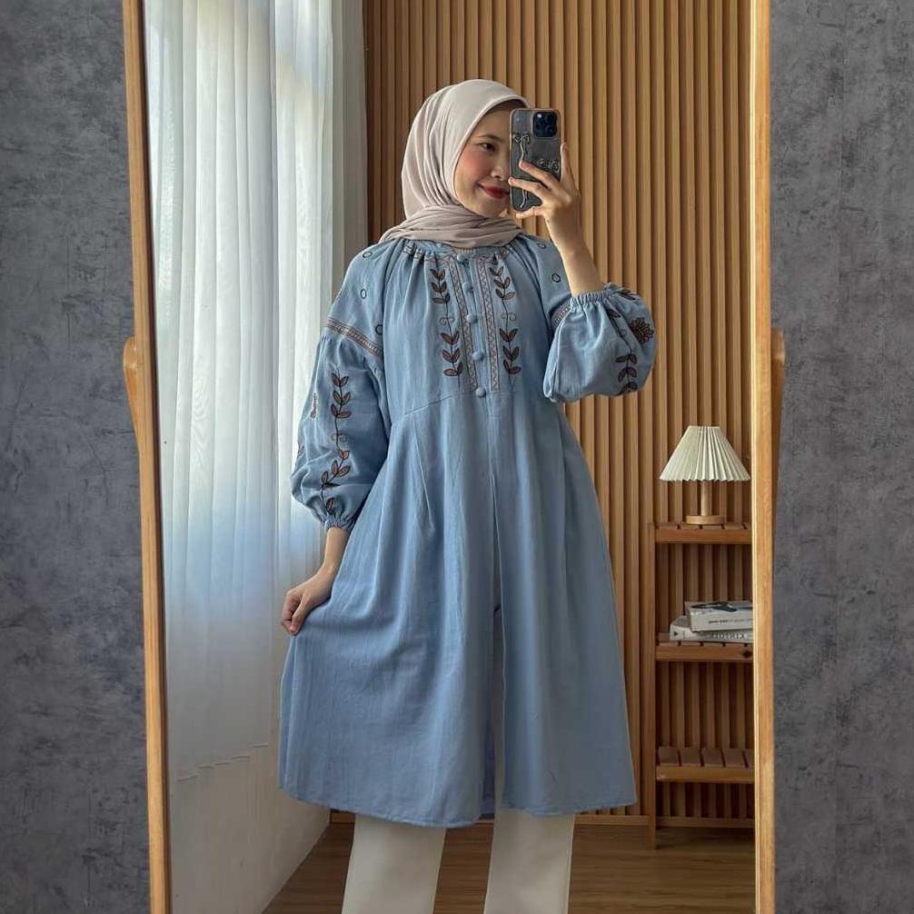 FREE ONGKIR COD SAKURA TUNIK / TUNIK LINEN BORDIR ATASAN PREMIUM QUALITY WANITA PAKAIAN CASUAL MEWAH