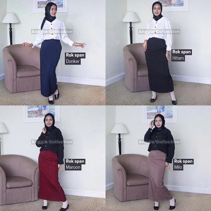 ROK SPAN/ROK KERJA WANITA/ROK FORMAL warna Dongker Hitam Maroon Milo Milo Bintik Kancing Karet