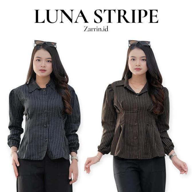 Termurah / Hot Sale Kemeja Wanita Salur Rempel Panjang Baju Atasan Stripe Kerja Basic Formal Model K
