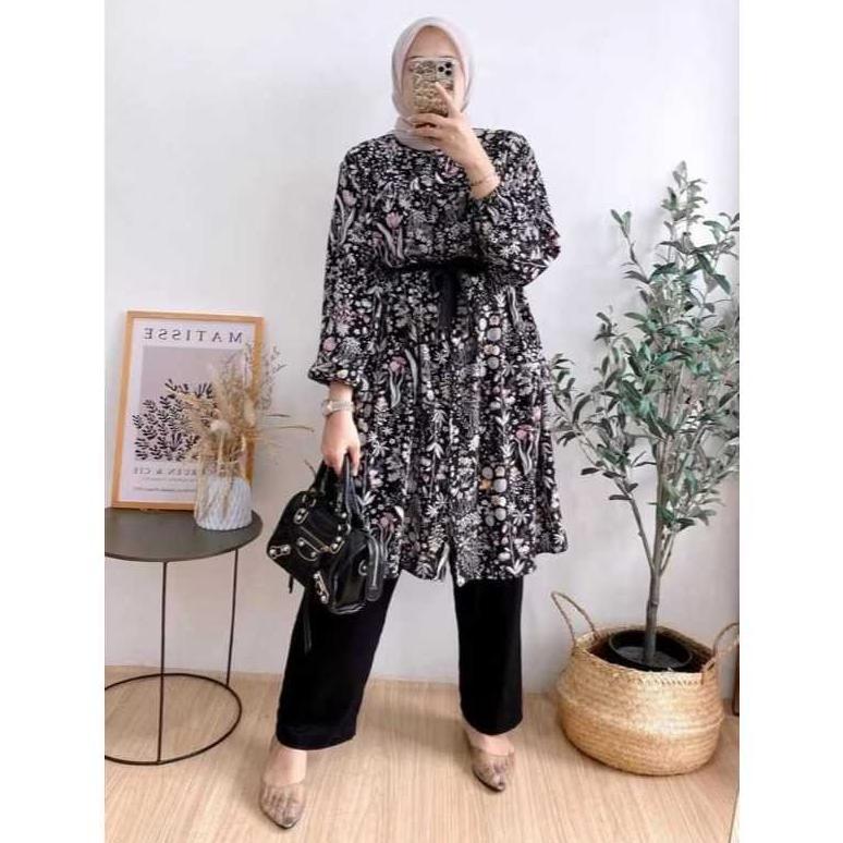 DISKON [[PROMO]]LONG TUNIK MOTIF BUNGA FUL KANCING DEPAN//ATASAN TUNIK JUMBO//TUNIKTERBARU
