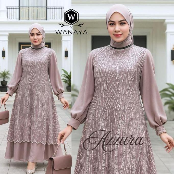 Azzura Gamis Ceruty Babydoll Mix Outer Brokat Tulle/Tile Elegan Dress Muslimah Model Terbaru untuk P