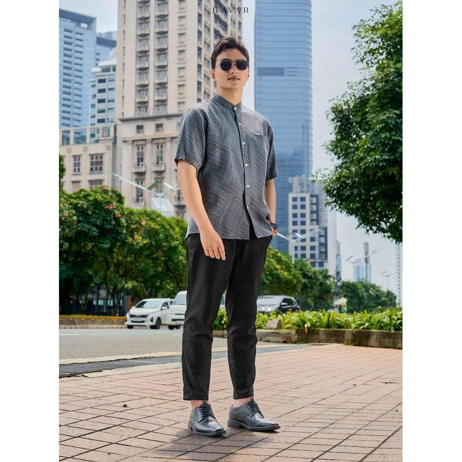 HAVAR Verde Grey Kemeja Koko Muslim Premium Slimfit Lengan Pendek