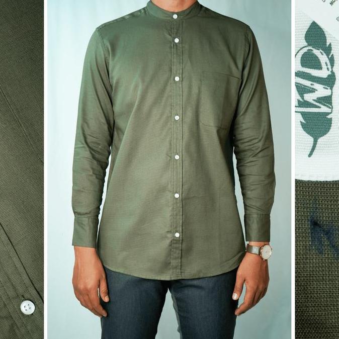 WD & Co. Baju Koko Pria Lengan Panjang Hijau Olive/Olive Green Polos