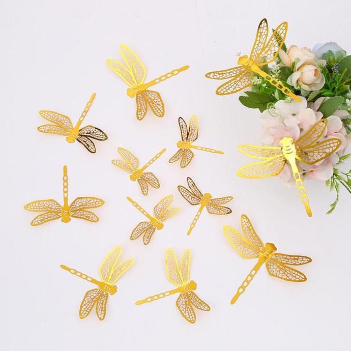 24PCS 3D Tempelan Capung Gold Dekorasi Hiasan Dinding Capung Berwarna Capung Dekorasi Dinding/Aplika