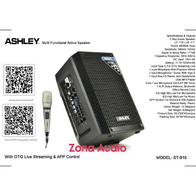 SPEAKER PORTABLE ASHLEY ST 810 8 INCH 450 WATT AKTIF MULTIFUNGSI SPEAKER USB BLUETOOTH GARANSI ORIGI