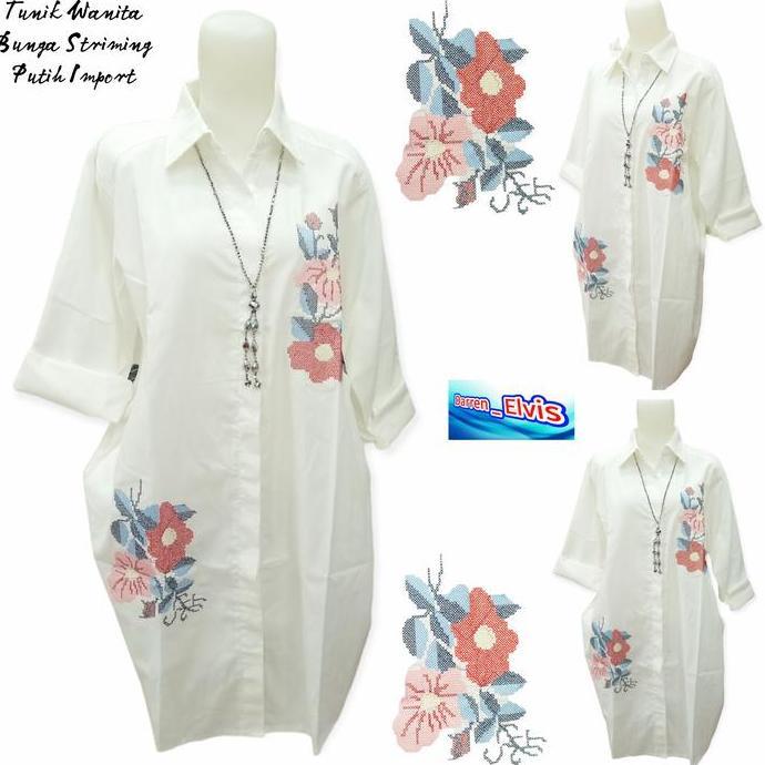 Tunik Putih Wanita Import // Best Seller // Bordir Bunga Striming 001 terlaris
