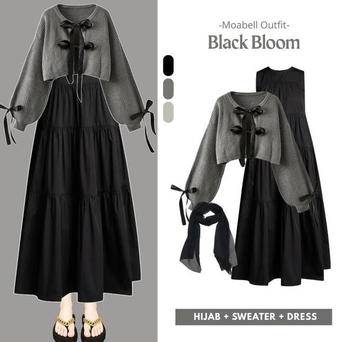 Black Bloom One Set 3in1 Casual Style Oversize Sweater Rajut Tali Pita Knit Bahan Premium Inner Dres